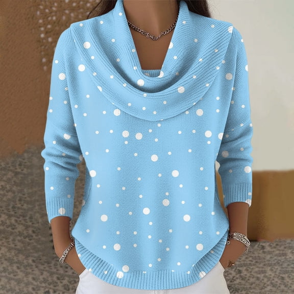 Dwralegc Holiday Sweaters for Women Dressy Fashion Graphic Long Sleeve Knit Tops Cowl Neck Blouses Jumper Casual Winter Spring Sweaters Sky Blue S