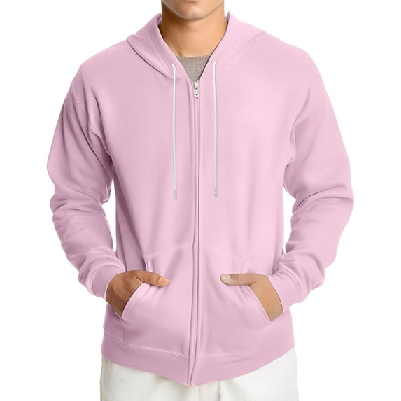 Dwralegc Hoodies for Men Long Sleeves Zip Up Hooded Sweater Lightweight Drawstring Casual Hoodies Fall Solid Color Sport Coat with Pocket Pink L