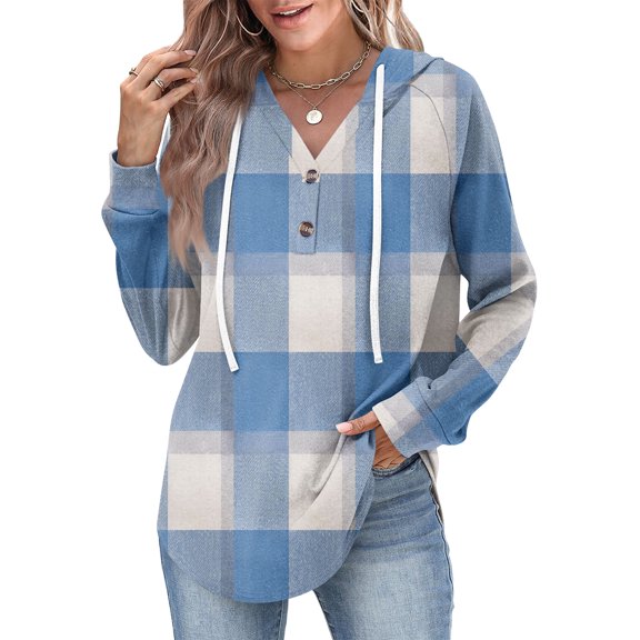 Dwralegc Hoodies for Women V Neck Lightweight Button Down Sweatshirts Retro Plaid Long Sleeve Tops Comfort Autumn Plus Size Outfits Sky Blue M