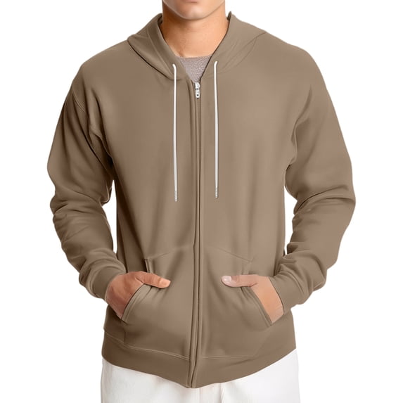 Dwralegc Jackets for Men Long Sleeve Zip Up Hooded Jackets Lightweight Drawstring Casual Hoodie Fall Solid Color Sport Cotas with Pocket Light Brown L