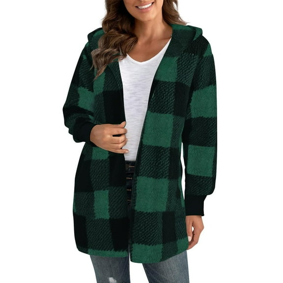 Dwralegc Jackets for Women Fleece Fuzzy Zip Up Jacket Warm Christmas Coat Loose Oversized Winter Cardigans Sherpa Lined Plaid Jackets with Pockets Clearance Green L