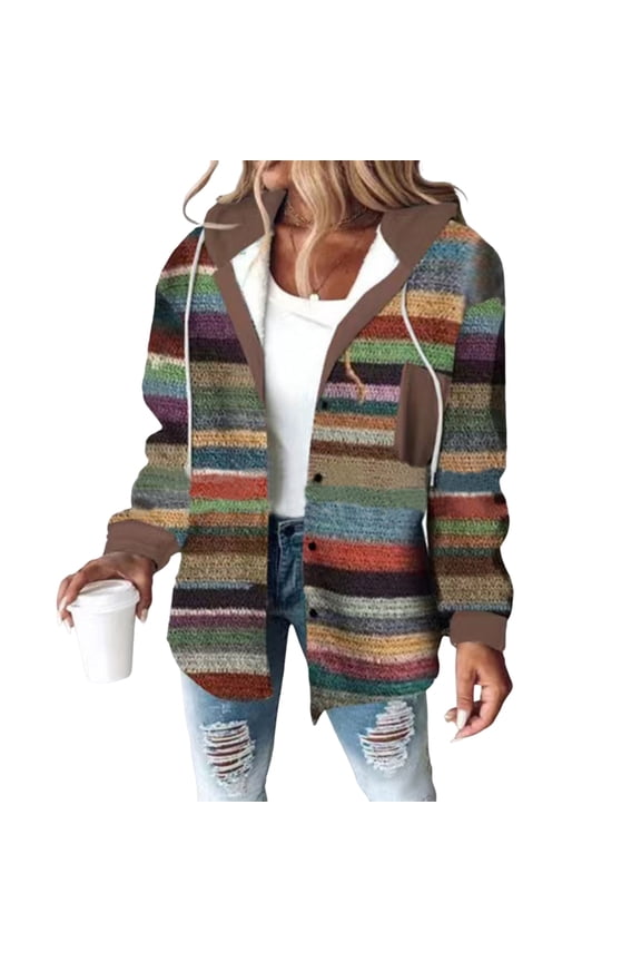 Jckets for Women with Hood Fleece Lined Long Sleeve Shackets Plaid Hooded Shacket Jackets Flannel Casual Coat Winter Christmas Jacket with Pockets Clearance Brown 2XL