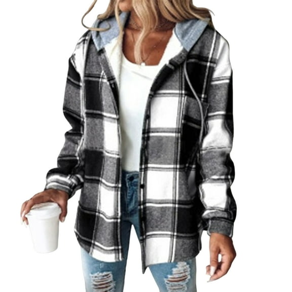 Dwralegc Jckets for Women with Hood Hooded Button Down Shackets Fleece Lined Plaid Shacket Jackets Long Sleeve Lightweight Blouse Christmas Winter Jacket with Hood Clearance Black 2XL