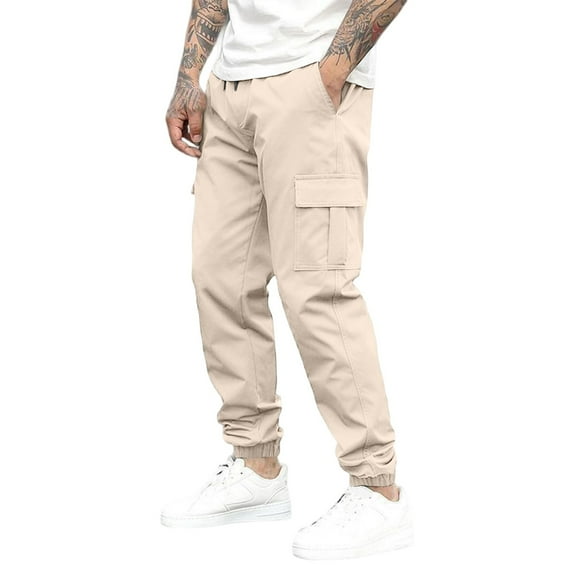 Dwralegc Khaki Cargo Pants Men Athletic Stretchy Work Jeans Relaxed Fit Drawstring Elastic Waist Trousers with Pockets Big and Tall Solid Color Pants Khaki XL
