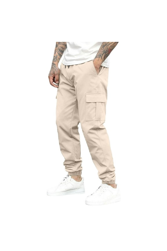 Khaki Cargo Pants Men Athletic Stretchy Work Jeans Relaxed Fit Drawstring Elastic Waist Trousers with Pockets Big and Tall Solid Color Pants Khaki XL