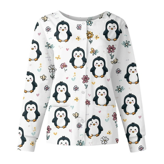 Dwralegc Khaki Scrubs Sets for Women Long Sleeve Snap Front Warm up Medical Scrub Top Cute Cartoon Print Nurses Working Uniforms Lightweight Scrubs Sets Khaki XL