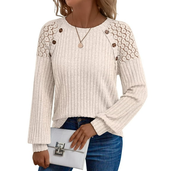 Dwralegc Lightweight Sweaters for Women Casual Long Sleeves Sweaters Lightweight Knit Dressy Shirts Trendy Round Neck Fall Outfits Beige M