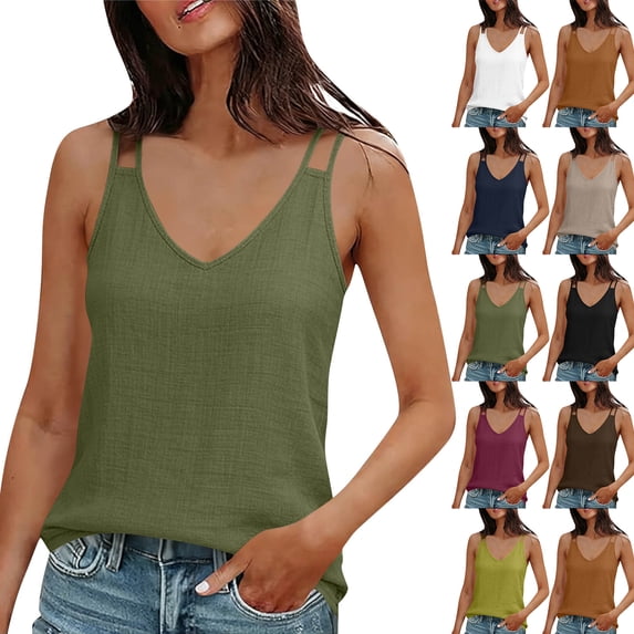 Dwralegc Linen Clothes for Women Lounge Vacation Linen Tees Tops Beach Summer Camisole Plus Size Lightweight Spaghetti Strap Layering Camisoles Khaki M