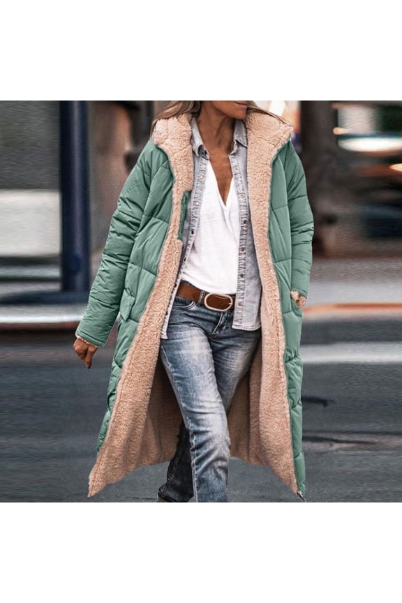 Long Fleece Jacket Women Long Sleeve Thick Oversized Long Puffer Jackets Winter Trendy Zip Up Quilted Coat Heavyweight Hooded Sherpa Lined Jacket with Pockets Light Green XL