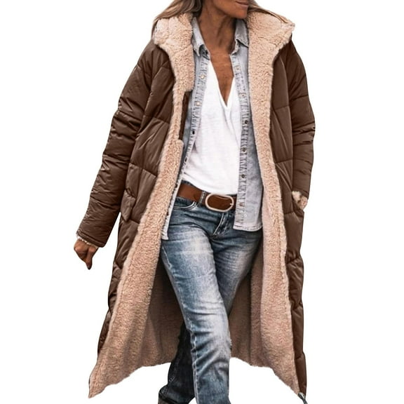 Dwralegc Long Puffer Jacket Womens Long Sleeve Thick Fall Long Puffer Jacket Shearling Zip Up Oversized Coat Fashion Heavyweight Hooded Cardigan with Pockets Coffee 3XL