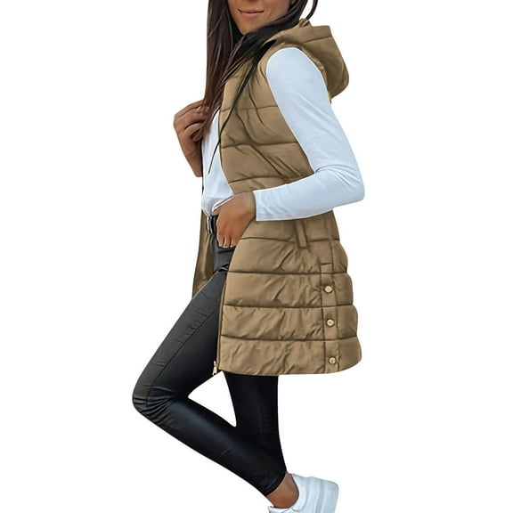 Dwralegc Long Puffer Vest Women Fashion Warm Coat Sleeveless Quilted Fall Winter Puffy Long Vest Zip Up Solid Color Hooded Outfits with Hood Light Brown 2XL