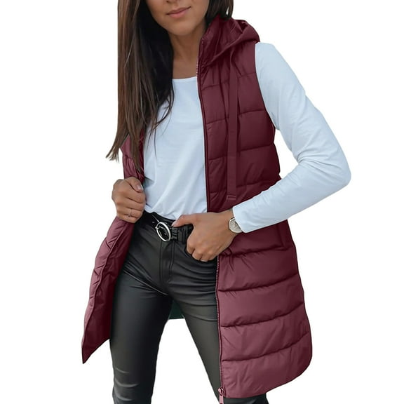 Dwralegc Long Puffer Vest Women Solid Color Sleeveless Fall Winter Trendy Long Vest Fashion Puffy Outwear Zip Up Quilted Hooded Coat with Pockets Wine M