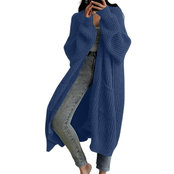 Dwralegc Long Sweater Cardigan Women Winter Open Front Coats Long Cable Knit Maxi Outfits Casual Lightweight Cardigan with Pockets Oversized Jackets Navy M