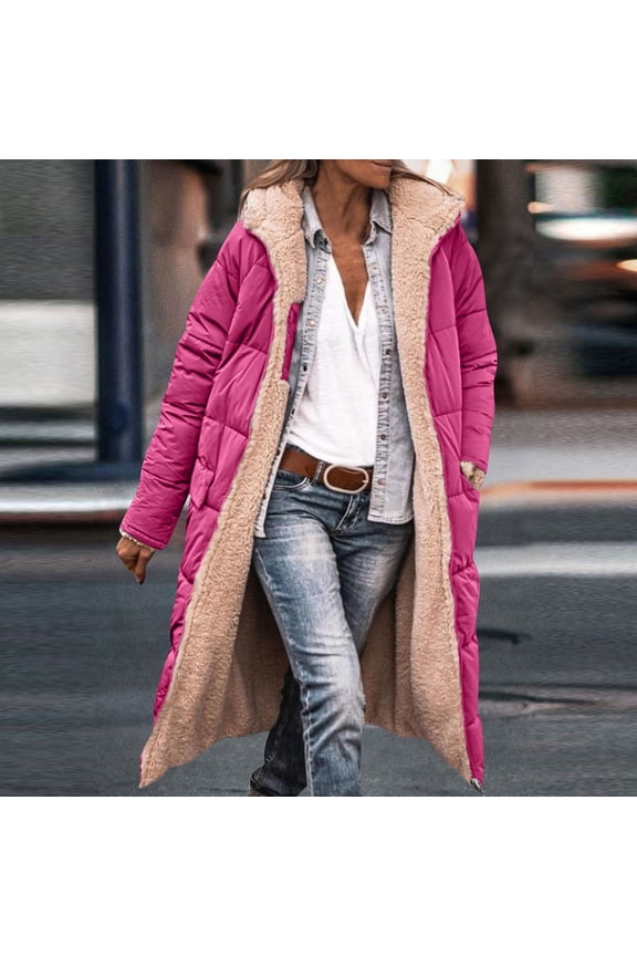 Long Winter Coats for Women Long Sleeve Thermal Oversized Long Puffer Jacket Fall Trendy Full Zip Plush Coats Heavyweight Hooded Sherpa Lined Jacket with Pockets Hot Pink 2XL