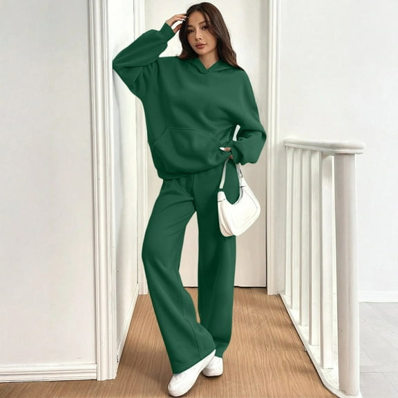 Dwralegc Lounge Sets for Women 2 Piece Sets Long Sleeve Fleece Hooded Sweatshirts Baggy Drawstring Wide Leg Sweatpant Sport Casual Fall Winter Tracksuit with Pockets Dark Green S