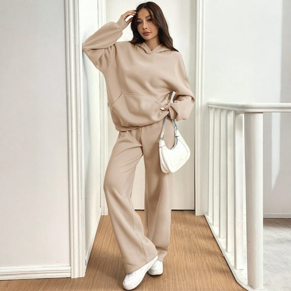 Dwralegc Lounge Sets for Women 2 Piece Sets Long Sleeve Fleece Hoodies Relaxed Fit Drawstring Wide Leg Sweatpant Athletic Casual Fall Winter Sweatsuit with Pockets Khaki M