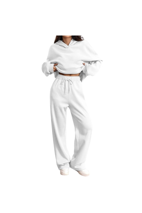 Lounge Sets for Women 2 Piece Sets Long Sleeve Fleece Pullover Hoodies Fashion Drawstring Wide Leg Sweatpants Running Relaxed Fit Fall Winter Sweatsuit with Pockets White M