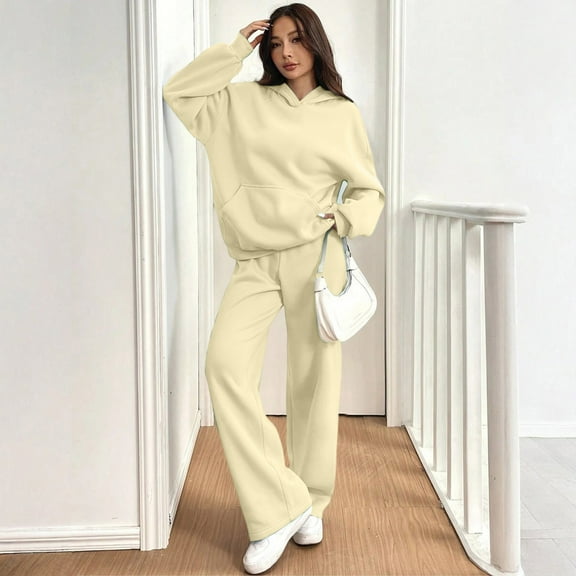 Dwralegc Lounge Sets for Women 2025 Fleece Long Sleeve Hooded Sweatshirts Fashion Drawstring Wide Leg Sweatpants Running Relaxed Fit Winter Sweatsuit Tracksuit with Pockets Beige S