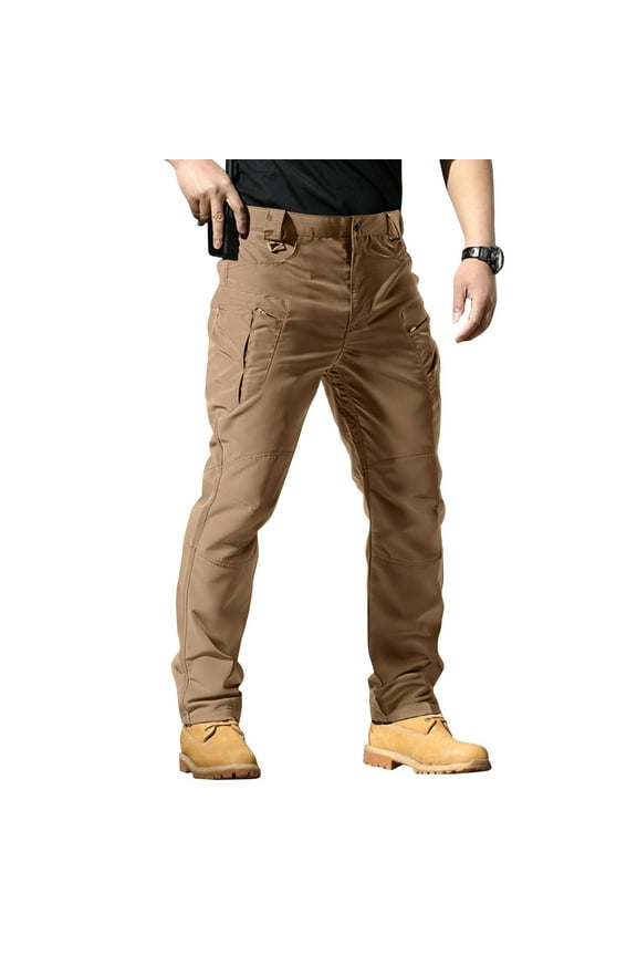 Mens Work Pants Ripstop Waterproof Cargo Pants Lightweight Solid Color Camping Pants Multi-Pocket Big and Tall Slim Fit Stretch Brown 3XL