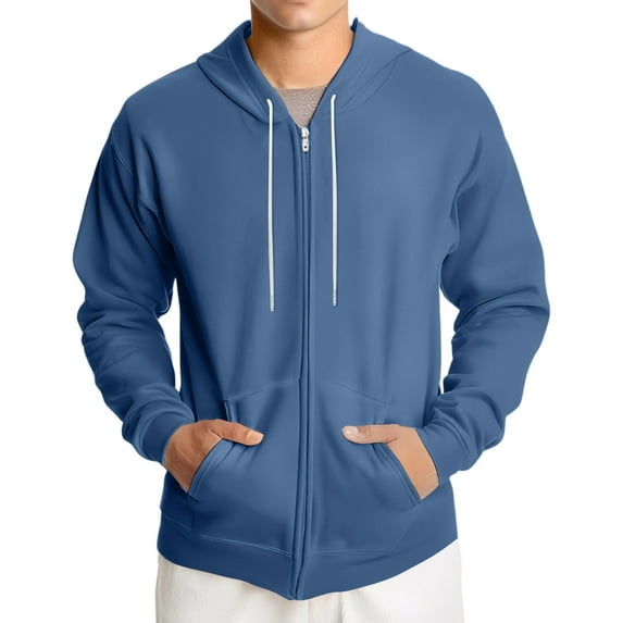 Dwralegc Mens Zip Up Hoodie Long Sleeved Zip Up Hooded Sweaters Lightweight Drawstring Casual Hoodies Fall Solid Color Athletic Coat with Pocket Blue XL