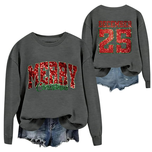 Dwralegc Merry Christmas Sweatshirt Women December 25 Graphic Christmas Tree Sweater Fleece Pullover Blouse Casual Funny Sweatshirt Fall Long Sleeve Shirts Dark Gray L