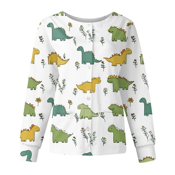 Dwralegc Mint Green Scrub Jacket for Woman Cute Scrubs Set Cute Cartoon Printed Long Sleeve Scrub Tops Button up Working Nursing Uniform Mint Green XL