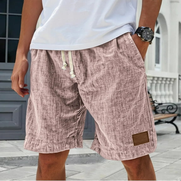 Dwralegc Mokaloha Mens Shorts Elastic Waist Drawstring Linen Shorts Loose Fit Casual Knee-Length Pants Breathable Big and Tall Linen Shorts with Pocket Pink S