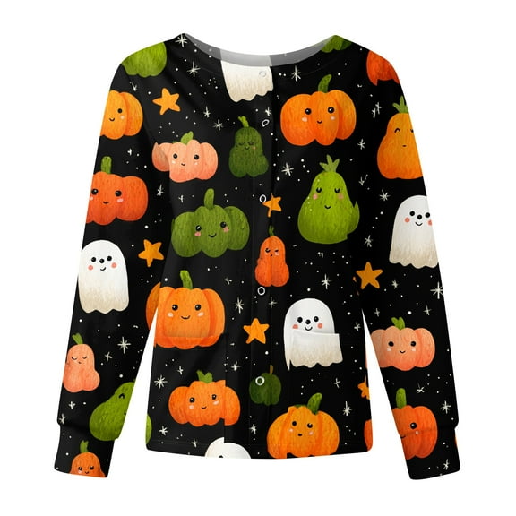 Dwralegc Nurse Jackets for Women Scrub Long Sleeve Halloween Print Scrub Top Snap Front Lightweight Nursing Working Uniforms Warm up Medical Lab Coat Green XL