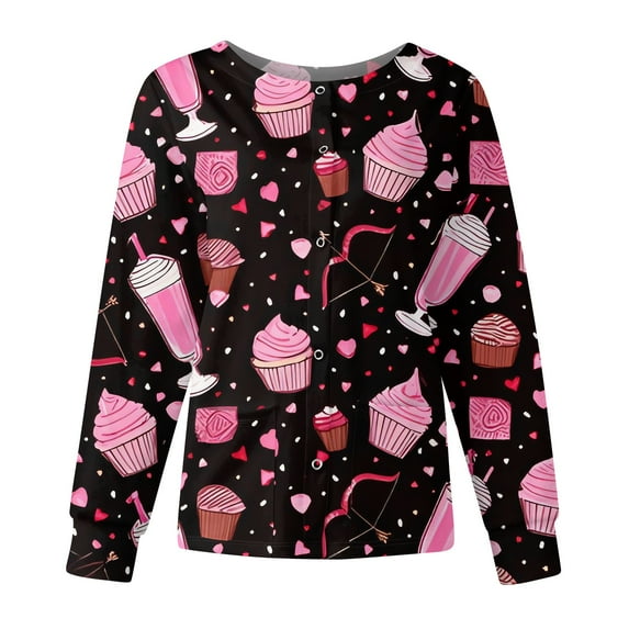 Dwralegc Nurse Jackets for Women Scrub Cute Scrubs Set Cute Cartoon Printed Long Sleeve Scrub Top Snap Front Working Nursing Uniform Pink 5XL