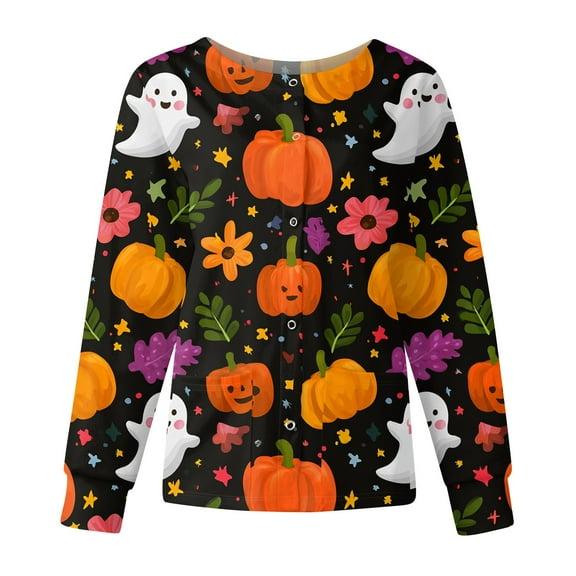 Dwralegc Nurse Jackets for Women Scrub Halloween Print Long Sleeve Button up Plus Size Medical Nurses Working Uniforms Stretchy Scrubs Set Pink L