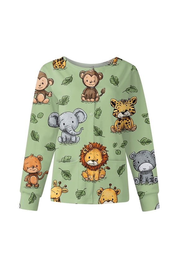 Nursing Jackets for Nurses Long Sleeve Cute Cartoon Printed Scrub Top Snap Front Clearance Plus Size Scrubs Set Nursing Working Uniforms Light Green 3XL