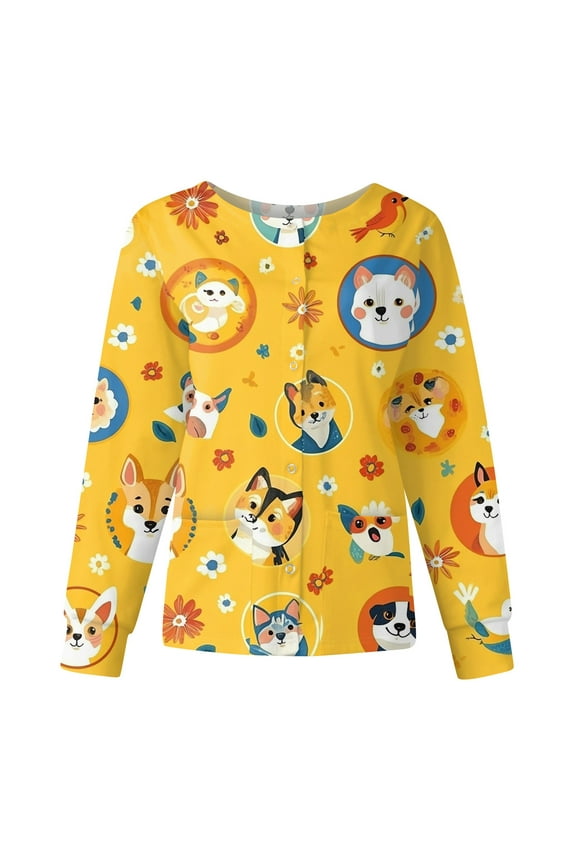 Nursing Jackets for Nurses Long Sleeve Snap Front Warm up Medical Scrub Top Cute Cartoon Printed Nursing Working Uniforms Cute Nurse Jacket Yellow 3XL