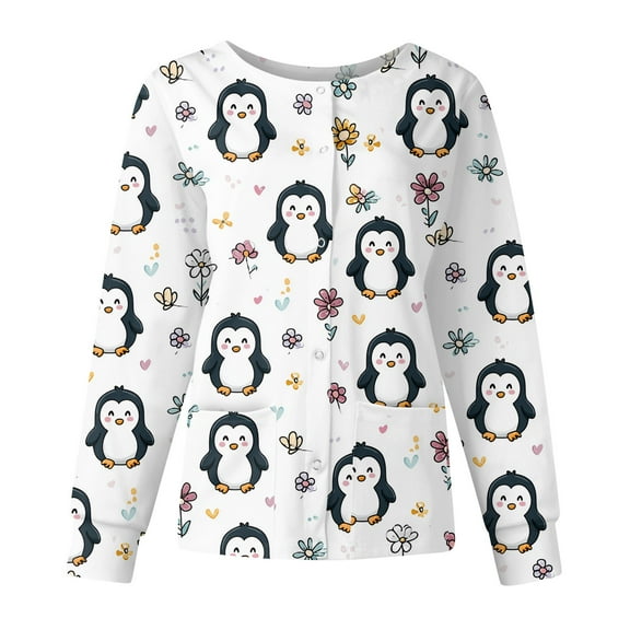 Dwralegc Nursing Jackets for Nurses Lightweight Lab Coat Cute Cartoon Printed Long Sleeve Scrub Tops Snap Front Working Nurses Uniforms Khaki 2XL