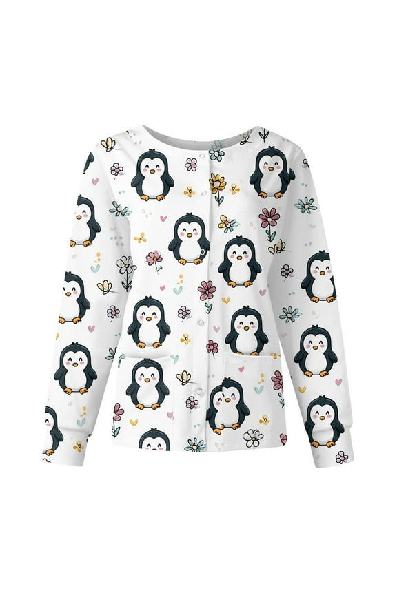 Nursing Jackets for Nurses Lightweight Lab Coat Cute Cartoon Printed Long Sleeve Scrub Tops Snap Front Working Nurses Uniforms Khaki 2XL