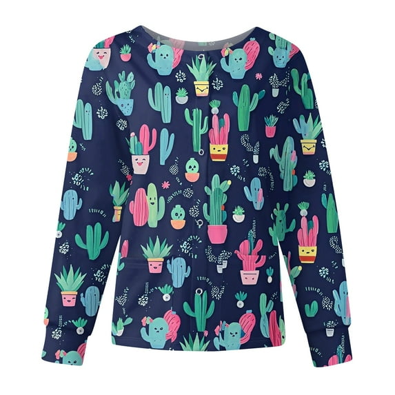 Dwralegc Nursing Jackets for Nurses Stretchy Scrubs Set Cute Cartoon Printed Long Sleeve Scrub Tops Snap Front Working Nursing Uniform Royal Blue XL