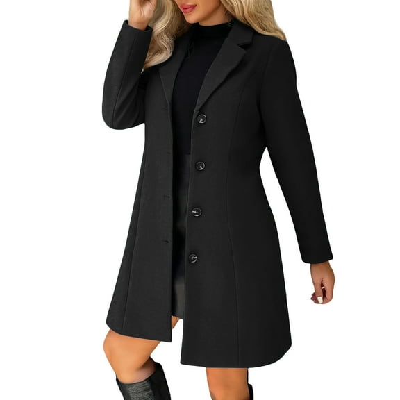 Dwralegc Pea Coats for Women Casual Single Breasted Wool Coats Stand Collar Mid Long Plus Size Jackets & Coats Winter Balck Peacoat with Pockets Black L