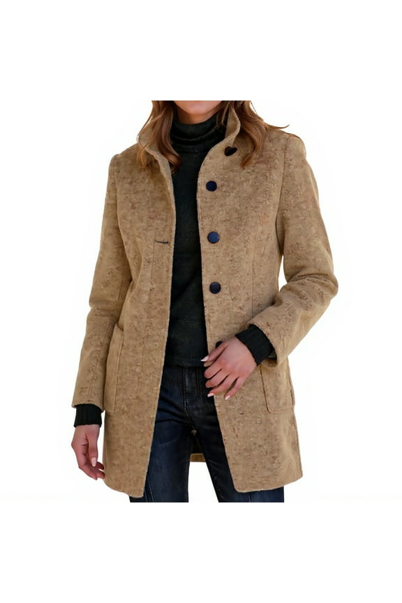 Pea Coats for Women Casual Stand Collar Wool Coat Single Breasted Trench Plus Size Jackets & Coats Outerwear Balck Overcoat with Pockets Clearance Camel XL