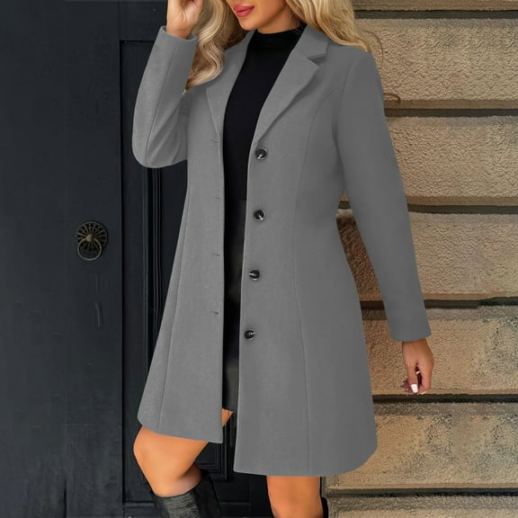 Dwralegc Pea Coats for Women Casual Single Breasted Outerwear Coat Stand Collar Trench Wool Jackets Dress Balck Peacoat with Pockets Dark Gray 2XL