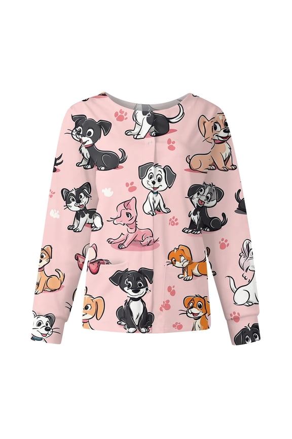 Pink Scrub Jacket for Woman Long Sleeve Snap Front Warm up Medical Scrub Top Cute Cartoon Print Nurses Working Uniform Lightweight Scrubs Set Pink XL