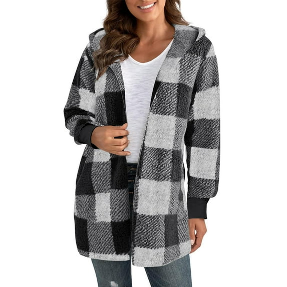 Dwralegc Plaid Sherpa Jacket Women Fuzzy Plaid Zip Up Jackets Loose Christmas Coat Casual Hooded Winter Cardigan Sherpa Lined Fleece Jacket with Hood Clearance Dark Gray M