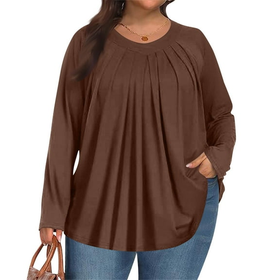 Dwralegc Plus Size Blouses for Women Long Sleeved Crew Neck Tshirt Fashion Fall Pleated Boho Tops Oversized Loose Fit Solid Color Blouse Coffee 5XL
