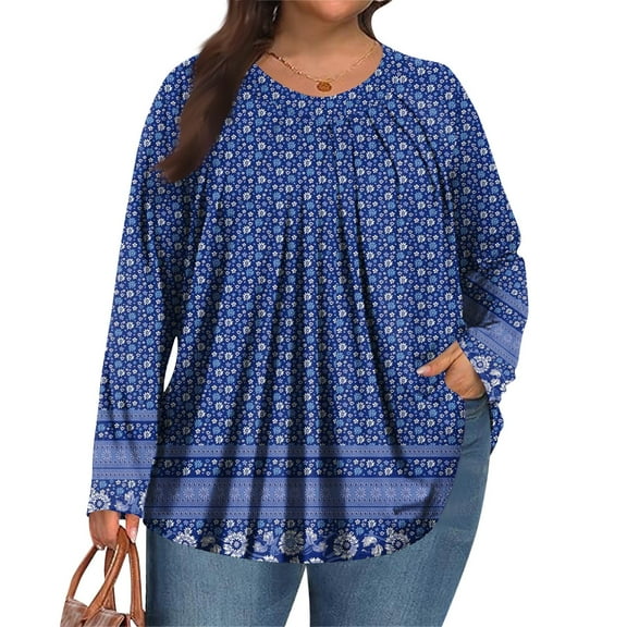 Dwralegc Plus Size Shirts for Women Long Sleeves Crew Neck Tshirts Trendy Fall Pleated Bohemian Tunic Tops Plus Size Loose Fit Floral Print Blouse Dark Blue 3XL