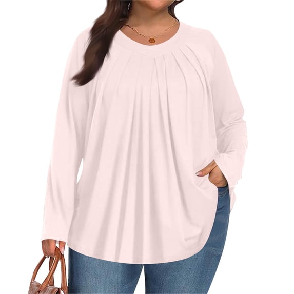 Dwralegc Plus Size Shirts for Women Long Sleeves Crew Neck T Shirt Trendy Fall Pleated Boho Top Oversized Loose Solid Color Blouses Pink 3XL