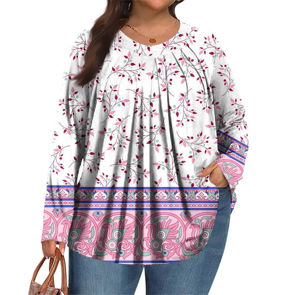 Dwralegc Plus Size Womens Tops Long Sleeve Round Neck Tshirts Fashion Fall Pleated Boho Tunic Tops Oversized Loose Fit Floral Print Blouses Purple Pink 5XL