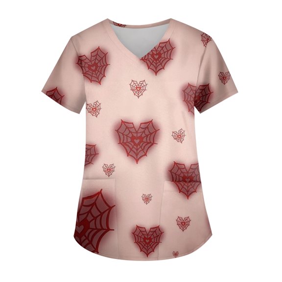 Dwralegc Printed Scrub Tops Women Working Oversized T Shirts Stretch V Neck Love Heart Print Short Sleeve Nursing Uniform with 2 Pockets Wine M