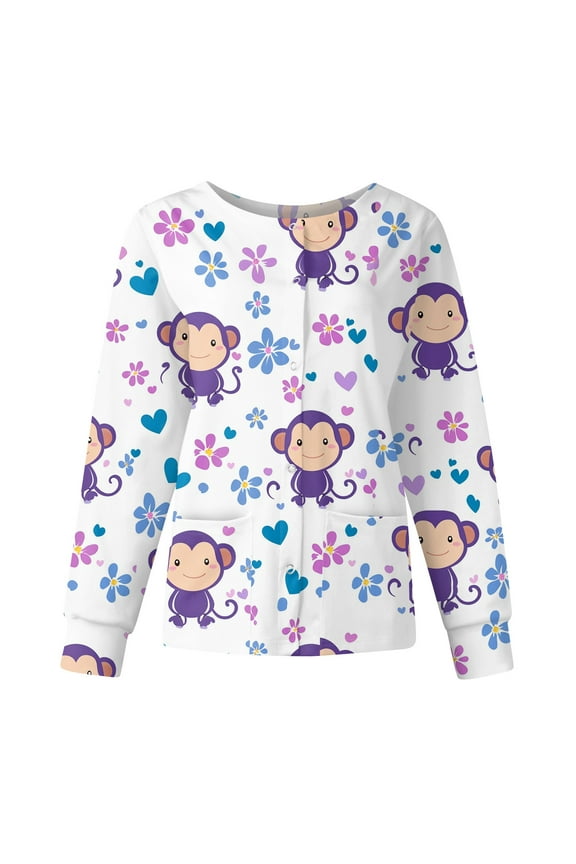 Purple Scrubs Sets for Women Long Sleeve Cute Cartoon Printed Scrub Top Snap Front Clearance Nursing Working Uniforms Warm up Medical Nurse Jacket Purple 2XL