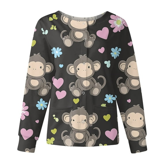Dwralegc Scrub Jackets for Woman Cute Scrubs Set Cute Cartoon Printed Long Sleeve Scrub Top Snap Front Working Nurses Uniforms Dark Gray S