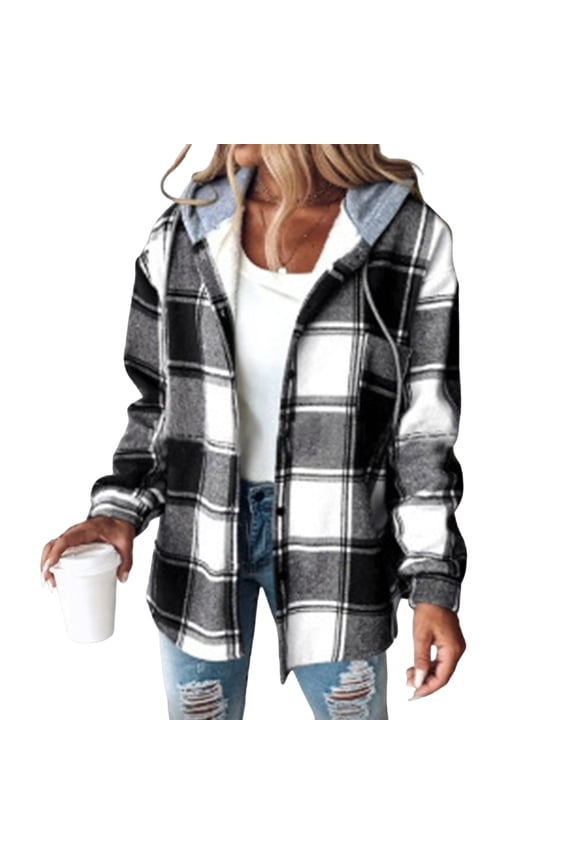 Shackets for Women Fleece Lined Button Down Shackets Plaid Hooded Shacket Jackets Flannel Warm Coat Winter Christmas Jacket with Hood Clearance Black 3XL