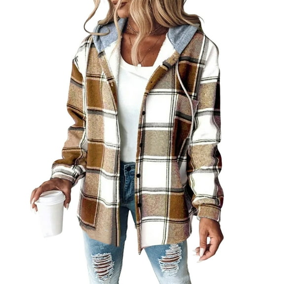 Dwralegc Shackets for Women Plaid Long Sleeve Shacket Fleece Lined Hooded Shackets Jackets Flannel Warm Coats Christmas Winter Jacket with Pockets Clearance Orange XL