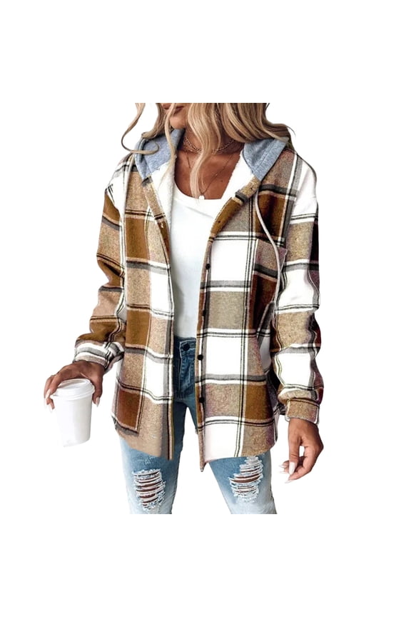 Shackets for Women Plaid Long Sleeve Shacket Hooded Fleece Lined Shackets Jacket Button Down Warm Blouse Winter Christmas Jackets with Hood Clearance Orange L